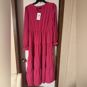 Magenta Long Sleeve Tiered Maxi Dress